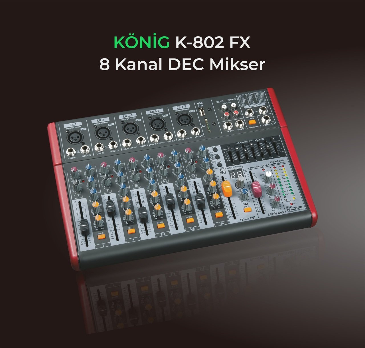 König K-802 FX 8 Kanal Ultra İnce Deck Mikser