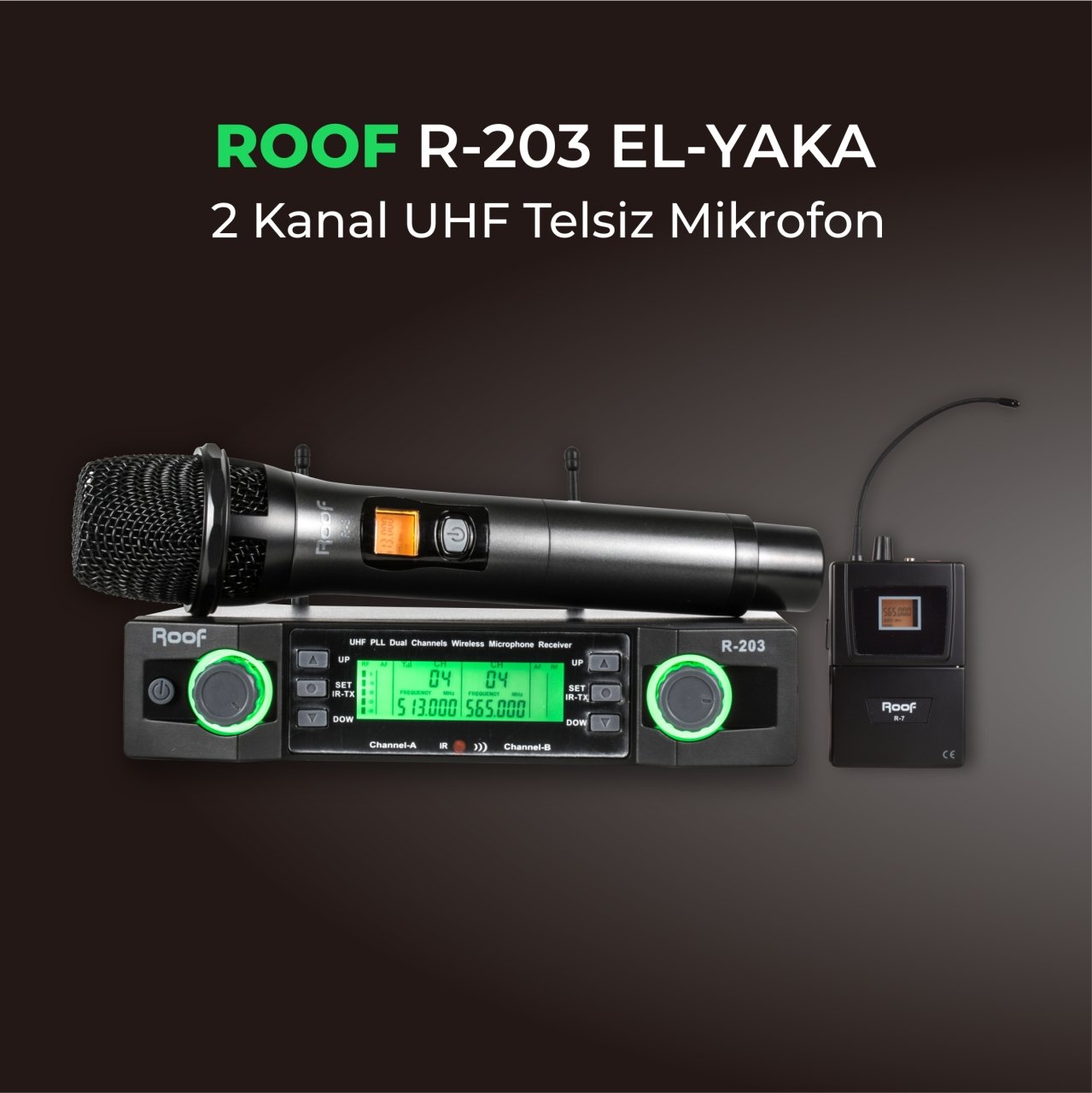 Roof R-203EY 2 Kanal UHF El+Yaka Kablosuz Mikrofon