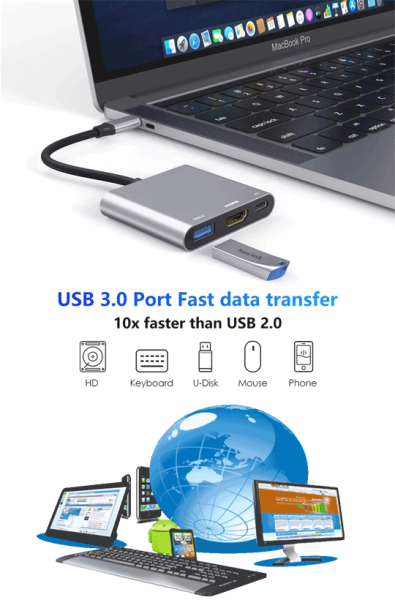 Sunline USB Type-C USB3.0+HDMI (4K)+Type-C Dönüştürücü