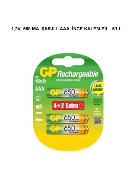 GP 1.2V 650mA AAA İnce Şarjlı Kalem Pil 6'lı