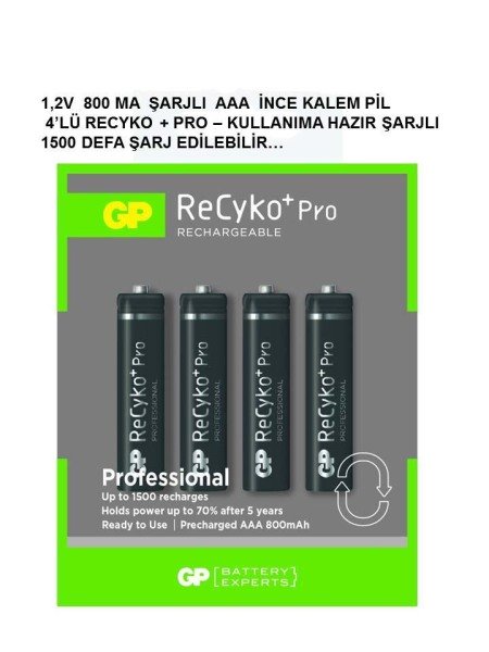 GP 1.2V 800mA AAA İnce Şarjlı Kalem Pil 4'lü