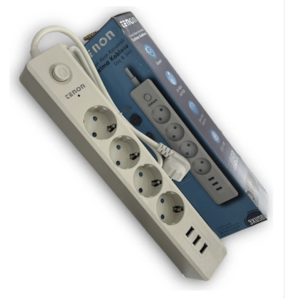 Tenon Termal Akım Korumalı Uzatma Kablosu Güç & Şarj 3lü Priz Soket Usb Giriş 1120