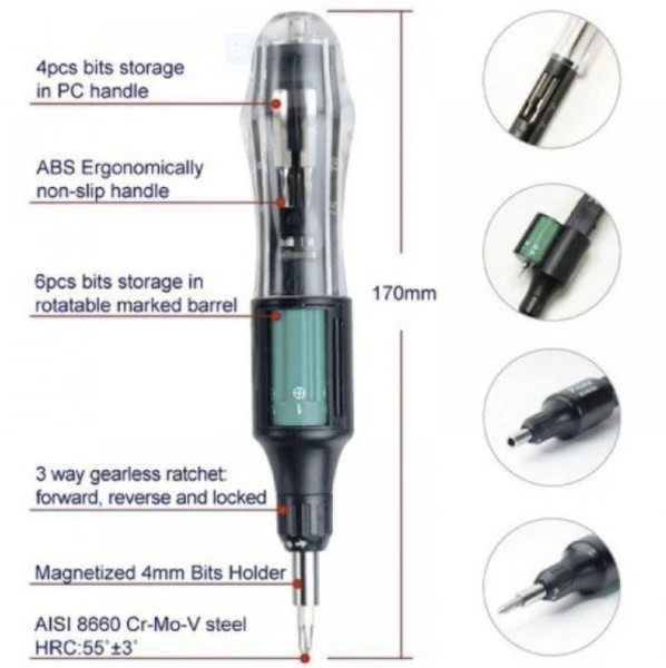 Proskit SD-9810A 10l'u Otomatik Yüklemeli Cırcırlı Tornavida Seti
