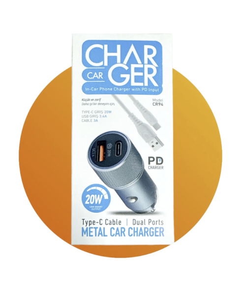 Subzero CR94 20W 3.4A Hızlı PD+Usb Çıkışlı Type-C Metal Araç Şarj Aleti
