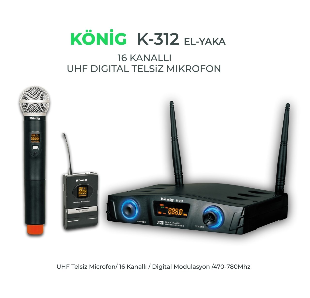 König K-312 EL+YAKA 16 Kanal UHF Telsiz Mikrofon